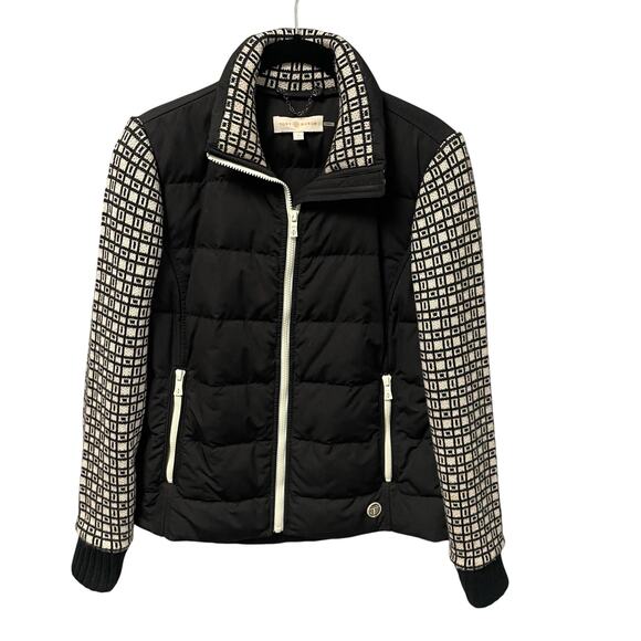 Tory Burch Black White Merino Wool Paneled Zip Up Down Fill Jacket Size 4 AS IS - Picture 1 of 7
